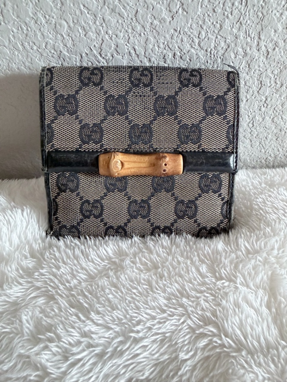 Gucci Beige/Brown GG Canvas Wallet with Bamboo Accent